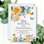 Dusty Blue Yellow Floral Butterflies 90th Birthday Invitation<br><div class="desc">90th birthday party invitation with beautiful dusty blue and yellow floral and butterflies. Contact me for assistance with your customisations or to request additional matching or coordinating Zazzle products for your celebration.</div>