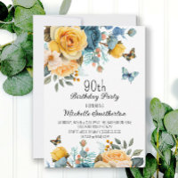 Dusty Blue Yellow Floral Butterflies 90th Birthday