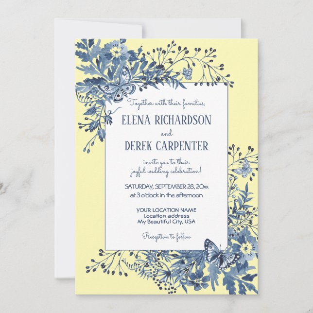 Dusty Blue, Yellow Floral Watercolor Art Wedding Invitation (Front)