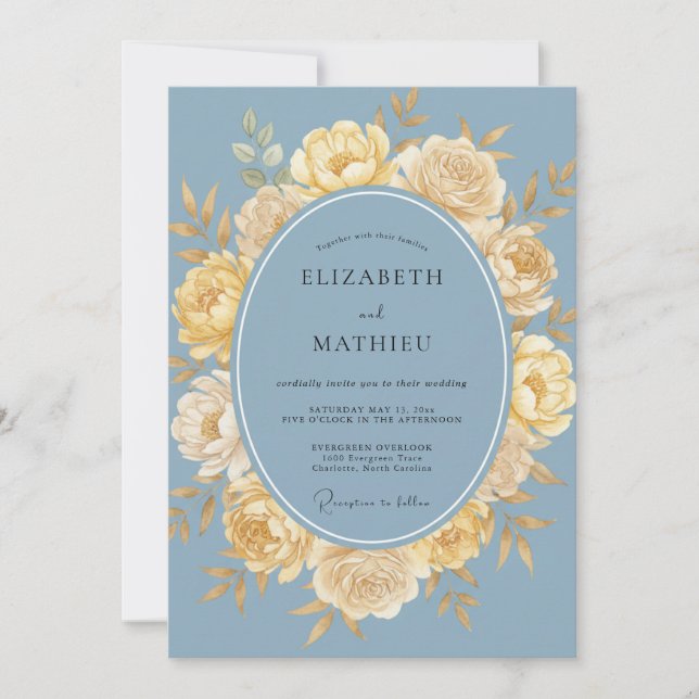 Dusty Blue Yellow Floral Wedding Invitation (Front)