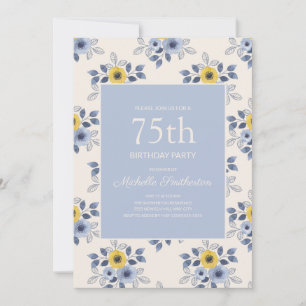 Dusty Blue Yellow Flowers White 75th Birthday Invitation