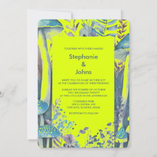 Dusty Blue Yellow Green Woodlands Mushroom Wedding Invitation