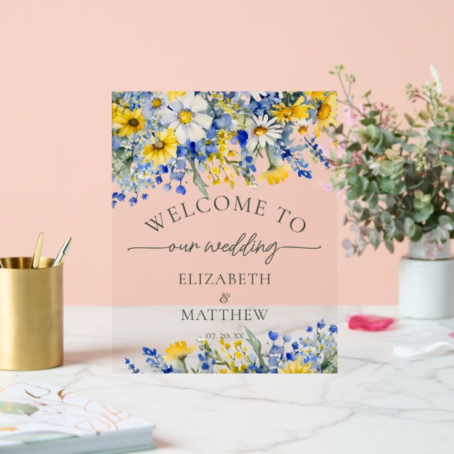 Dusty Blue & Yellow Watercolor Wildflower Welcome Acrylic Sign (Wedding)