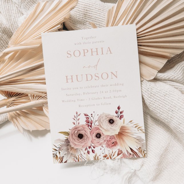 Dusty Blush Boho Floral Pampas Wedding Invitation (Creator Uploaded)