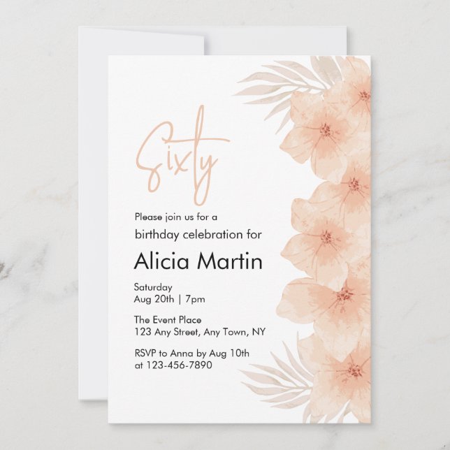 Dusty Blush Flower Brown Palm Leaf Birthday Invitation (Front)