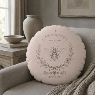 Dusty Blush Honey Bee Vintage French Country Round Cushion