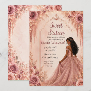 Dusty Blush Pink and Gold Floral Sweet Sixteen Invitation