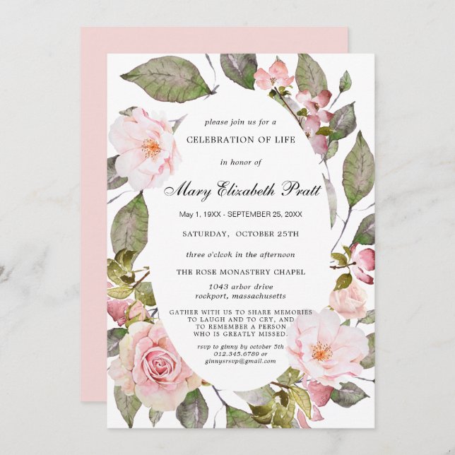 Dusty Blush Pink Floral Celebration of Life Invita Invitation (Front/Back)