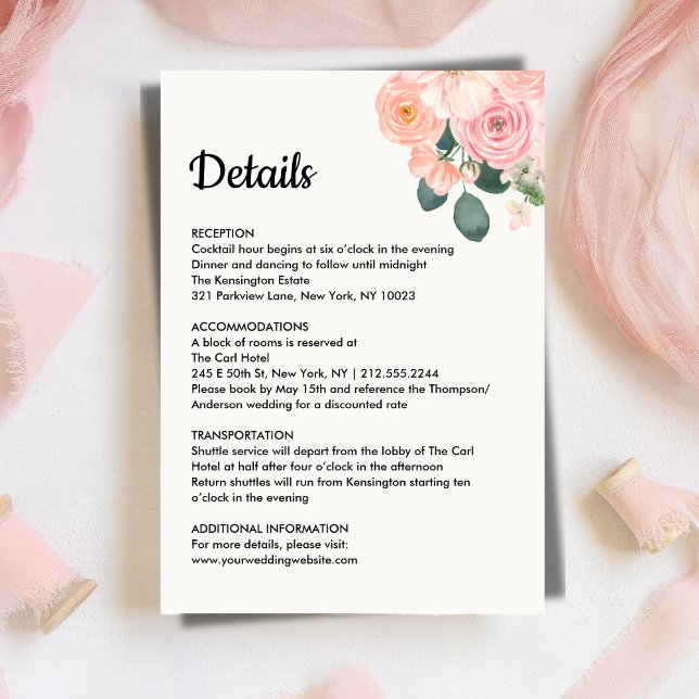 Dusty Blush Pink Floral Wedding Details Card (Dusty Blush Pink Floral Wedding Details Card)