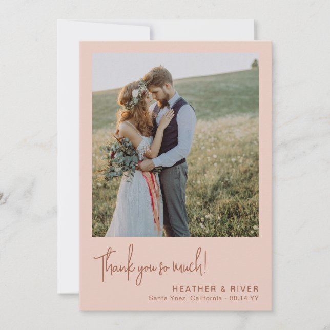 Dusty Blush Romantic Personalised Photo Wedding Thank You Card (Front)