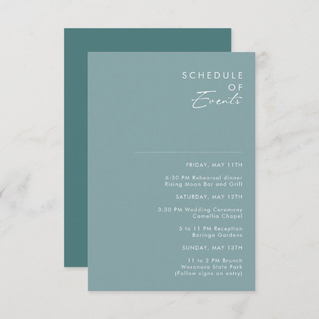 Dusty Boho | Blue and Green Schedule of Events Enclosure Card (Front/Back)