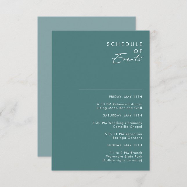 Dusty Boho | Green and Blue Schedule of Events Enclosure Card (Front/Back)
