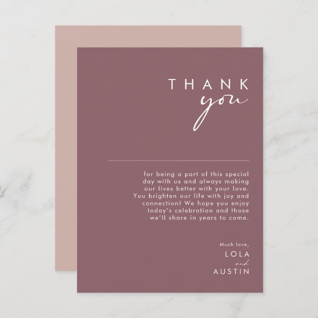 Dusty Boho Purple & Rose Reception Thank You card (Front/Back)