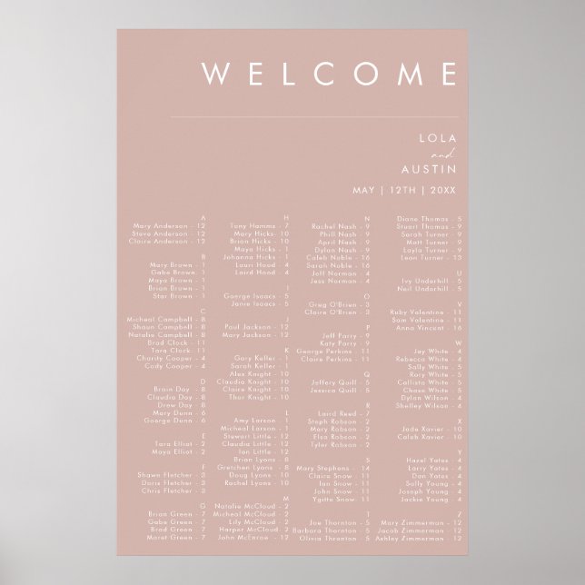 Dusty Boho | Rose Alphabetical Seating Chart  (Front)