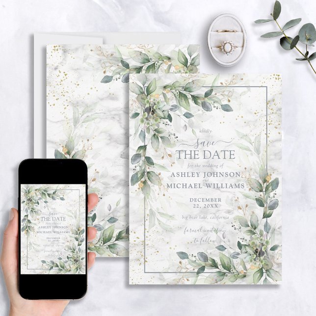 Dusty Botanical Greenery Gold Marble Save the Date (Creator Uploaded)