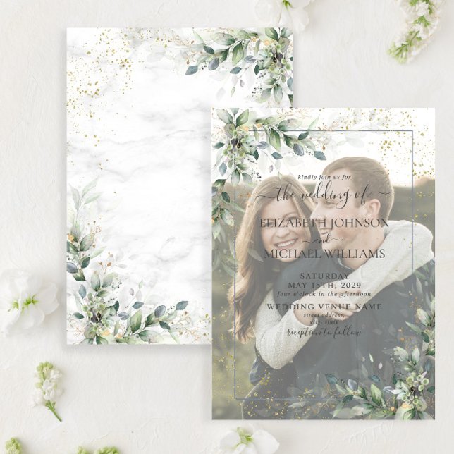 Dusty Botanical Greenery Gold Vellum Photo Wedding Invitation (Creator Uploaded)