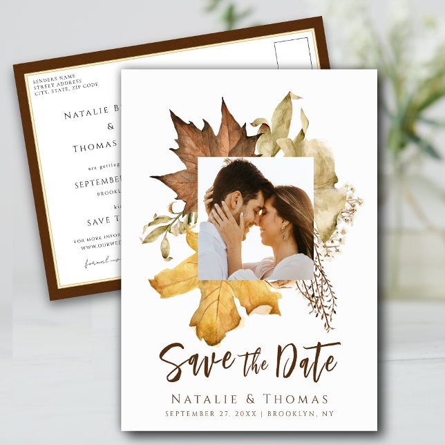 Dusty Brown Autumn Leaves Fall In Love Wedding Announcement Postcard (Creator Uploaded)