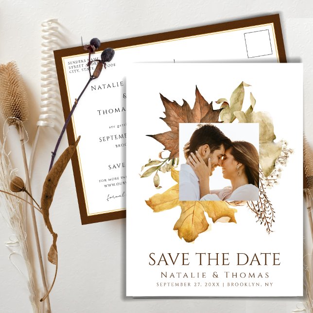Dusty Brown Autumn Leaves Fall In Love Wedding Announcement Postcard (Creator Uploaded)
