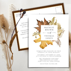 Dusty Brown Autumn Leaves Fall In Love Wedding Invitation Postcard