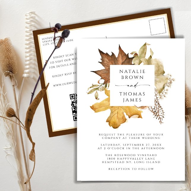 Dusty Brown Autumn Leaves QR Code Fall Wedding Invitation Postcard (Creator Uploaded)