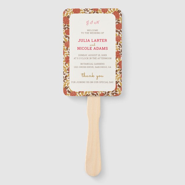 Dusty Brunt Orange Peony Flowers Fall Wedding Hand Fan (Front)