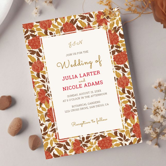 Dusty Brunt Orange Peony Flowers Fall Wedding Invitation (Creator Uploaded)