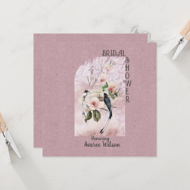 Dusty Burgundy Magnolia Blossoms and Birds Shower Invitation (Front/Back In Situ)