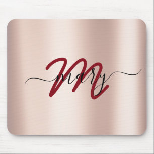 Dusty Burgundy Rose Minimal Name Monogram. Lux Mouse Pad