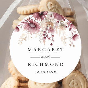 Dusty Burgundy Wildflowers Floral Wedding  Classic Round Sticker