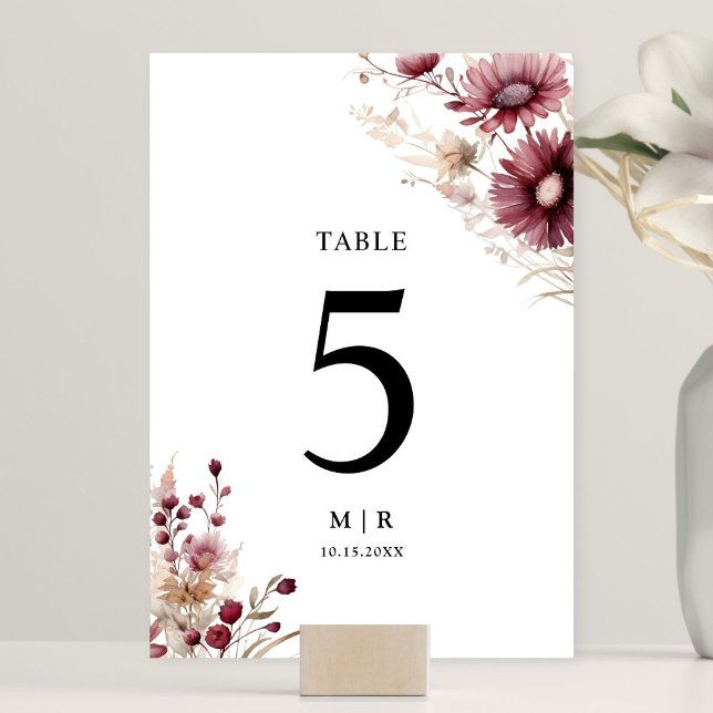 Dusty Burgundy Wildflowers Floral Wedding Table Number (Creator Uploaded)