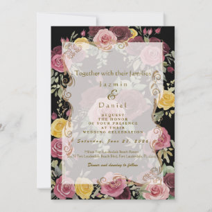 Dusty Burgundy Yellow Roses Photo Box/BlackFlat Invitation