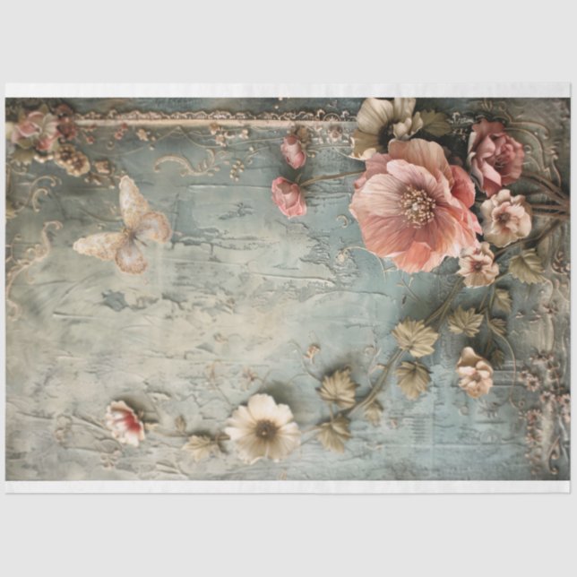 Dusty Colours, Shabby Chic, Tattered Floral Tissue Paper (Front)