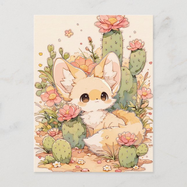 Dusty Coral Bloom Kawaii Fennec Fox Postcard (Front)