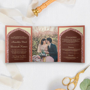 Dusty Coral Rose Gold Glitter Indian Wedding Tri-Fold Invitation