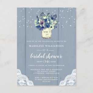 Dusty Country Blue Mason Jar Bridal Shower Invitation Postcard