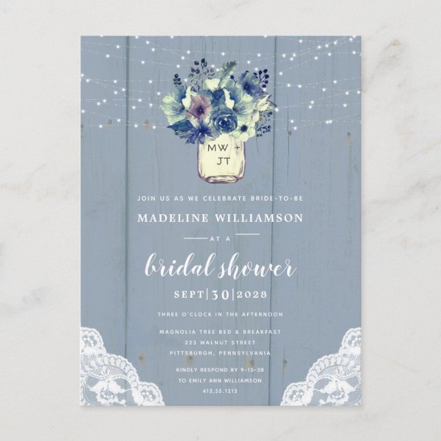 Dusty Country Blue Mason Jar Bridal Shower  Invitation Postcard (Front)
