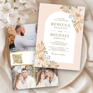 Dusty Earthy Floral Arch QR Code Photo Wedding Invitation