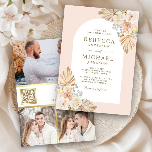 Dusty Earthy Floral Arch QR Code Photo Wedding Invitation (Creator Uploaded)