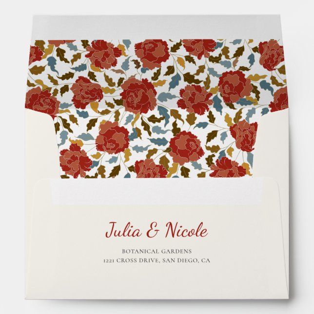 Dusty Elegant Golden Red Rose Flower Wedding Envelope (Back (Bottom))