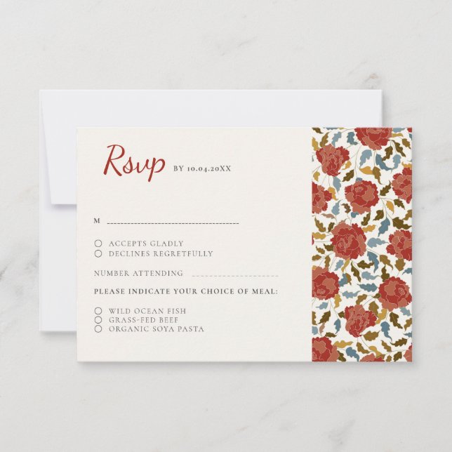 Dusty Elegant Golden Red Rose Flower Wedding RSVP Card (Front)