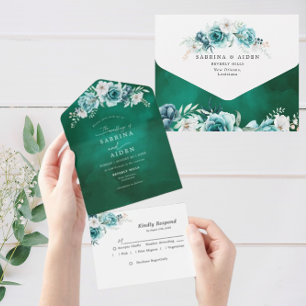 Dusty Emerald Green White Floral Wedding All In One Invitation