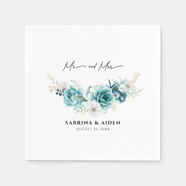 Dusty Emerald Green White Floral Wedding  Napkin (Front)