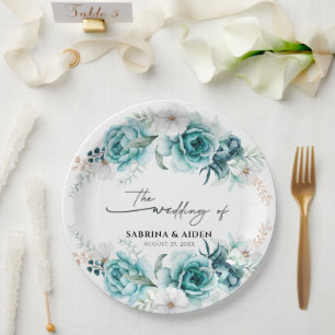 Dusty Emerald Green White Floral Wedding Paper Plate