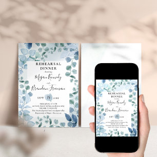 Dusty Eucalyptus Blue Botanical Rehearsal Dinner  Invitation