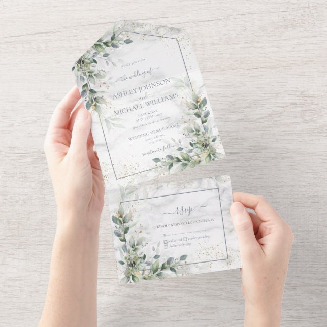 Dusty Eucalyptus Botanical Gold Greenery  All In O One Invitation (Tearaway)