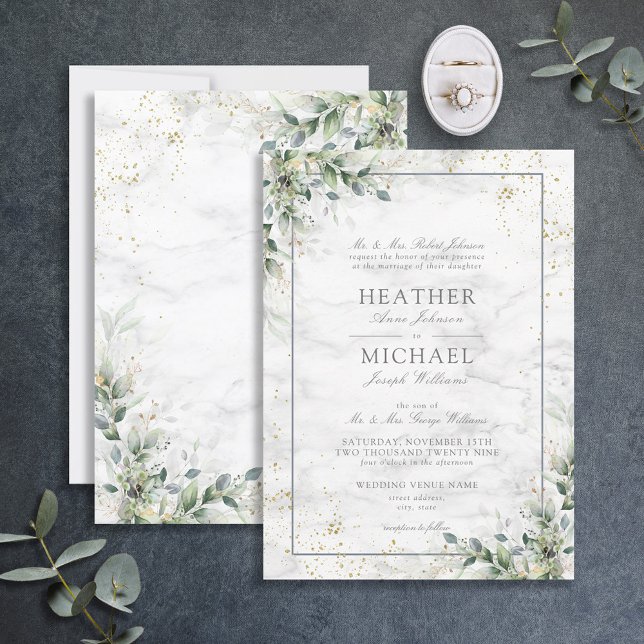 Dusty Eucalyptus Botanical Gold Greenery Wedding I Invitation (Creator Uploaded)