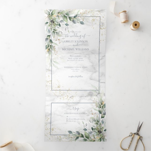 Dusty Eucalyptus Botanical Gold Greenery Wedding T Tri-Fold Invitation (Inside)