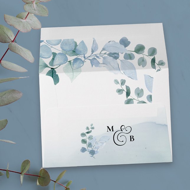 Dusty Eucalyptus Monogrammed Wedding Invitation Envelope (Eucalyptus wedding envelope with elegant monogram)
