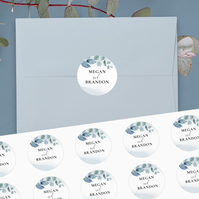 Dusty Eucalyptus Personalised Wedding Envelope Classic Round Sticker (Creator Uploaded)