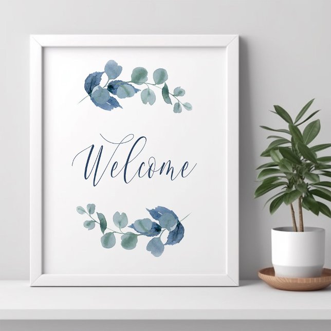 Dusty Eucalyptus Simple Watercolor Foliage Welcome Poster (Welcome Poster from the Dusty Eucalpytus wedding collection by Darling & May)